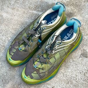 Men’s Hoka One Huaka Green and Blue Trail Running Shoes 12.5